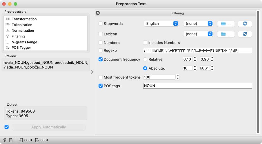 Slika 9: Nastavitve gradnika Preprocess Text.